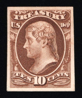 1873 10c Thomas Jefferson, Official Mail Stamps 'Treasury', United States, USA (Scott O77P, Brown, Proof, Imperforate, Thin Paper, Undescribed in Catalog)