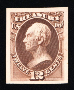 1873 12c Henry Clay, Official Mail Stamps 'Treasury', United States, USA (Scott O78P, Brown, Proof, Imperforate, Thin Paper, Undescribed in Catalog)