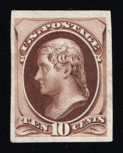 1870-71 10c Thomas Jefferson, United States, USA (Scott 150P3, Brown, Proof, Imperforate, Thin Paper, Plate on India Paper, CV $40)