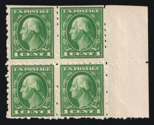 1912-14 1c Washington, Regular Issue, United States, USA, Block of Four (Scott 405, Light Green, Margins, CV $30, MNH)
