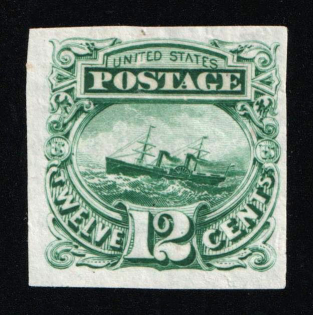 1869 12c S. S. 'Adriatic', United States, USA (Scott 117P3, Green, Proof, Imperforate, Thin Paper, Plate on India Paper, CV $45)