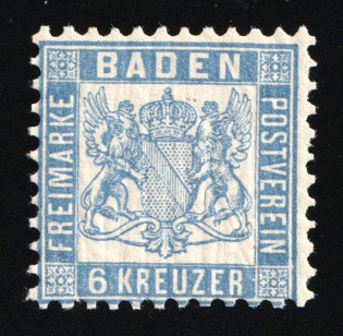 1864 6Kr Baden, German States, Germany (Mi. 19 a, CV $50, MNH)