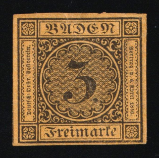 1866 oder 1867 3Kr Baden, German States, Germany (Mi. 2 a ND, CV $60)
