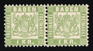 1868 1Kr Baden, German States, Germany, Pair (Mi. 23, MNH)