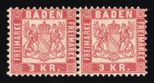 1868 3Kr Baden, German States, Germany, Pair (Mi. 24)