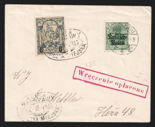 1915 (17 Nov) Poland, City Paid Сover from Warsaw, franked with 6gr on 5gr Warsaw Local Issue and 5pf German Occupation