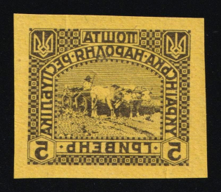1920 5hrn Ukrainian People's Republic, Ukraine (Black and White Proof, 'MIRRORED Denomination', Yellow Paper, Rare)