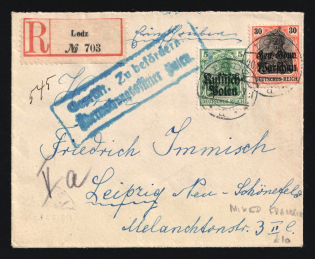 1917 (20 Apr) Poland, German Occupation, Germany, Registered Cover from Lodz to Leipzig franked with 5pf and 30pf (Mi. 2, 14, CV $40)