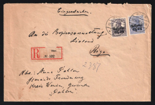 1918 (12 Nov) Eastern Lands, German Occupation, Germany, Registered Cover from and to Riga franked with 15pf and 20pf (Mi.7 - 8, CV $30)