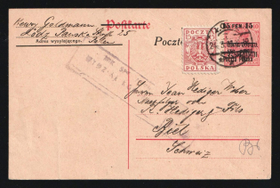 1919 Poland, Postal Stationery Postcard from Lodz to Biel (Switzerland), franked with 15f