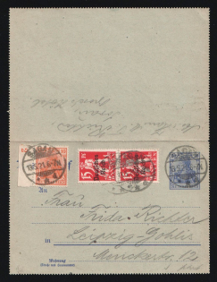 1921 (13 May) Weimar Republic, Germany, 20pf Postal Stationery Postcard from Zagan to Leipzig franked with 10pf and pair of 15pf