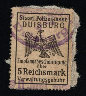 5rm Duisburg State Police Office, Receipt for Payment of Administrative Fee, Third Reich, Germany, Revenue Stamp (Used)