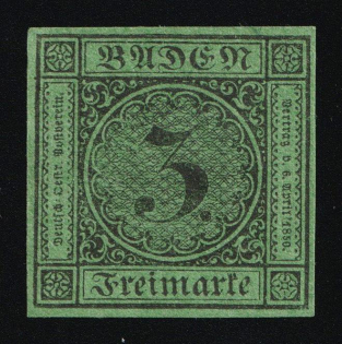 1853 3Kr Baden, German States, Germany (Mi. Mi. 6 ND, Reprint, Signed, CV $120)