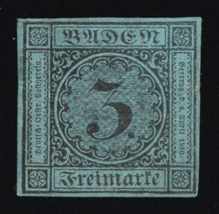1858 3Kr Baden, German States, Germany (Mi. 8, CV $1,020)