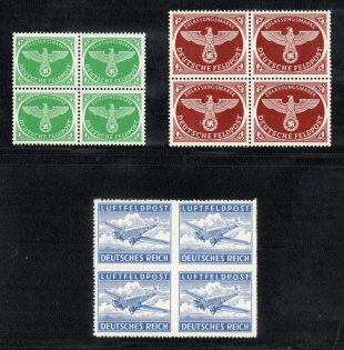 1942-43 Military Mail Fieldpost Feldpost, Germany, Blocks of Four (Mi. 1 B, 2 A, 4, CV $30)