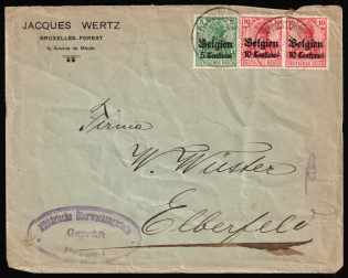 1915 (7 Nov) Belgium, German Occupation, Germany, Censored Cover from Brussels to Elberfeld franked with 5c and 10c