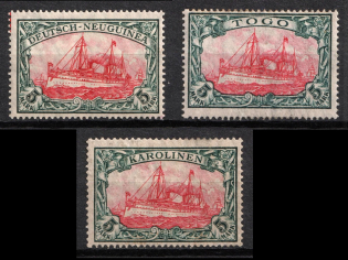 1918-19 New Guinea, Caroline Islands, Togo, German Colonies, Kaiser’s Yacht, Germany (Mi. 22 II B, 23 A, 23 II B, CV $130)