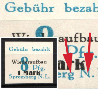 1946 8pf Spremberg (Lower Lusatia), Germany Local Post (Mi. 21 IX, Color fleck in the 'g' of 'Spremberg', Crossbar of 'N' of 'N.L.' broken below, Unofficial Issue, CV $30)