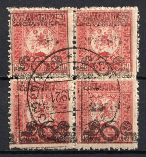 1921 6pi on 60k Constantinople Consular Post, Georgian Levant, Russia, Civil War, Block of Four (Lyapin L4, Black Overprint, Used)