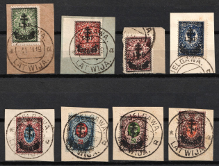 1919 West Army on pieces, Russia, Civil War, Block of Four (Russika 23 - 28, 31 - 32, Signed, Used, CV $190)
