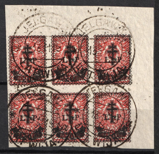 1919 20k on 3k West Army, Russia, Civil War, Block of Six (Russika 34, Corner Margins, Jelgava Postmarks, CV $90)