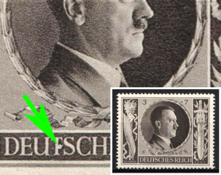1943 3pf Third Reich, Germany ( 'F' Instead of 'T' in 'DEUTSCHES')