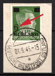 1945 6pf on 5pf Kurland on piece, German Occupation, Germany (Upper Arc of '6' flattened)