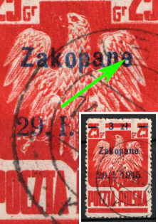 1945 3zl on 25gr Poland ('O' instead 'E' in 'ZAKOPANE', Used)
