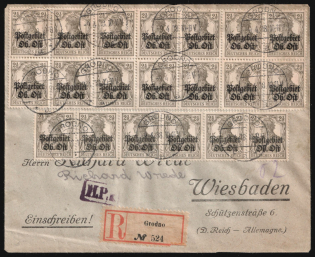 1918 (9 Apr) Eastern Lands, German Occupation, Germany, Censored Registered Cover from Grodno to  Wiesbaden franked with block and strip of 2.5pf
