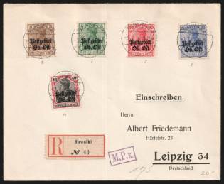 1916 (2 Jul) Eastern Lands, German Occupation, Germany, Censored Registered Cover from Suwalki to Riga franked with 3pf, 5pf, 10pf, 20pf and 40pf