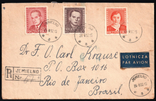 1952 (23 Aug) Registered Airmail Cover from Jemielno (Poland) to Rio de Janeiro (Brasil) franked with Full Set 45+15gr-1.15zl