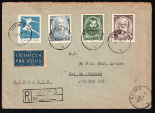 1954 (1 Mar) Registered Airmail Cover from Bytom (Poland) to Rio de Janeiro (Brasil) franked with 80gr and Full Sets 30+15gr, 25gr and 90gr