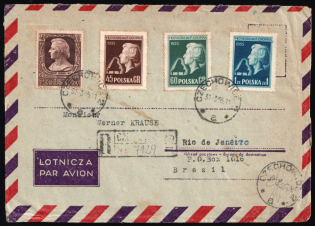 1955 (31 Mar) Registered Airmail Cover from Czechowice (Poland) to Rio de Janeiro (Brasil) franked with Full Set 45gr-1zl and 40gr