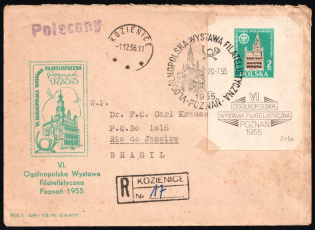 1956 (1 Dec) 'VI National Philatelic Exhibition in Poznan', Registered Cover from Kozienice (Poland) to Rio de Janeiro (Brasil) franked with 2zl Souvenir Sheet, Commemorative Cancellation