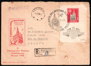 1956 (1 Dec) 'VI National Philatelic Exhibition in Poznan', Registered Cover from Kozienice (Poland) to Rio de Janeiro (Brasil) franked with 3zl Souvenir Sheet, Commemorative Cancellation