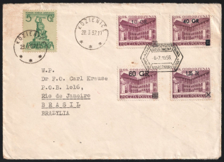 1957 (28 Mar) Cover from Kozienice (Poland) to Rio de Janeiro (Brasil) franked with 5gr and Full Set 10gr on 80gr-1.35zl on 80gr, Commemorative Cancellation