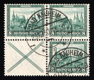 1930 8pf Weimar Republic, Germany, Se-tenant, Zusammendrucke, Block of Four (Used)