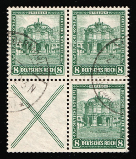 1931 8pf Weimar Republic, Germany, Se-tenant, Zusammendrucke, Block of Four (Used)