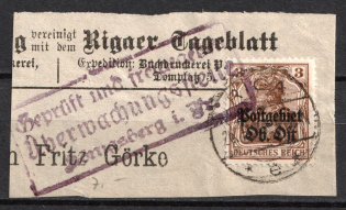 1916-18 3pf Eastern Lands on piece, German Occupation, Germany (Censored Postmark, Signed)