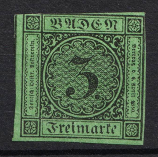 1866-67 3kr Baden, German States, Germany (Reprint, Signed)