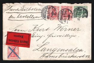 1911 (28 Jun) German Empire, Germany, Durch Eilboten Express Cover from Hanover to Bad Langensalza franked with 5pf, 3 x 10pf