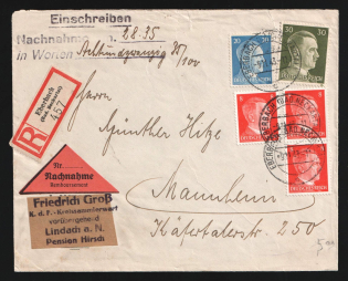 1943 (9 Nov) Third Reich, Germany, Registered Cover from Eberbach (Baden Neckartal) to Mannheim franked with 3 x 8pf, 20pf, 30pf