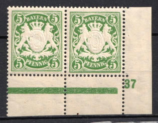 1911 5pf Bavaria, German States, Germany, Pair (Plate Number '37', Green Control Strip, Corner Margins, MNH)