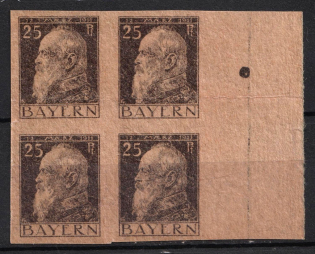 1911 25pf Bavaria, German States, Germany, Block of Four (Proof, no watermark, Grey Paper, Margin)