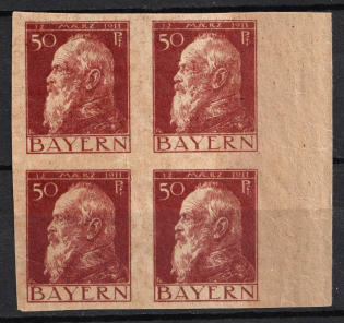 1911 50pf Bavaria, German States, Germany, Block of Four (Proof, no watermark, Grey Paper, Margin)