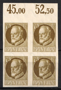 1920 75pf Bavaria, German States, Germany, Block of Four (MISSING Overprint, Sheet Inscription, Margin, MNH)