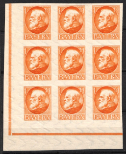 1920 1m Bavaria, German States, Germany, Block of Nine (MISSING Overprint, Orange Control Strips, Corner Margins, MNH)