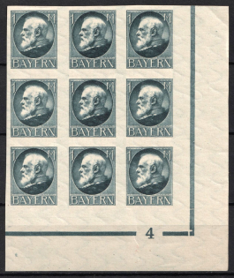 1920 1m Bavaria, German States, Germany, Block of Nine (MISSING Overprint, Plate Number '4', Grey Blue Control Strips, Corner Margins, MNH)