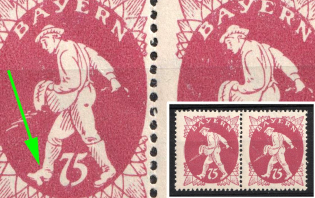 1920 75pf Bavaria, German States, Germany, Pair (Sower Loses Boot Sole)