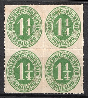 1865 1 1/4s Schleswig-Holstein, German States, Germany, Block of Four